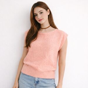 1980s 1990s Vintage Faded Light Pink Floral Knit Cap Sleeve Top Sweater #33